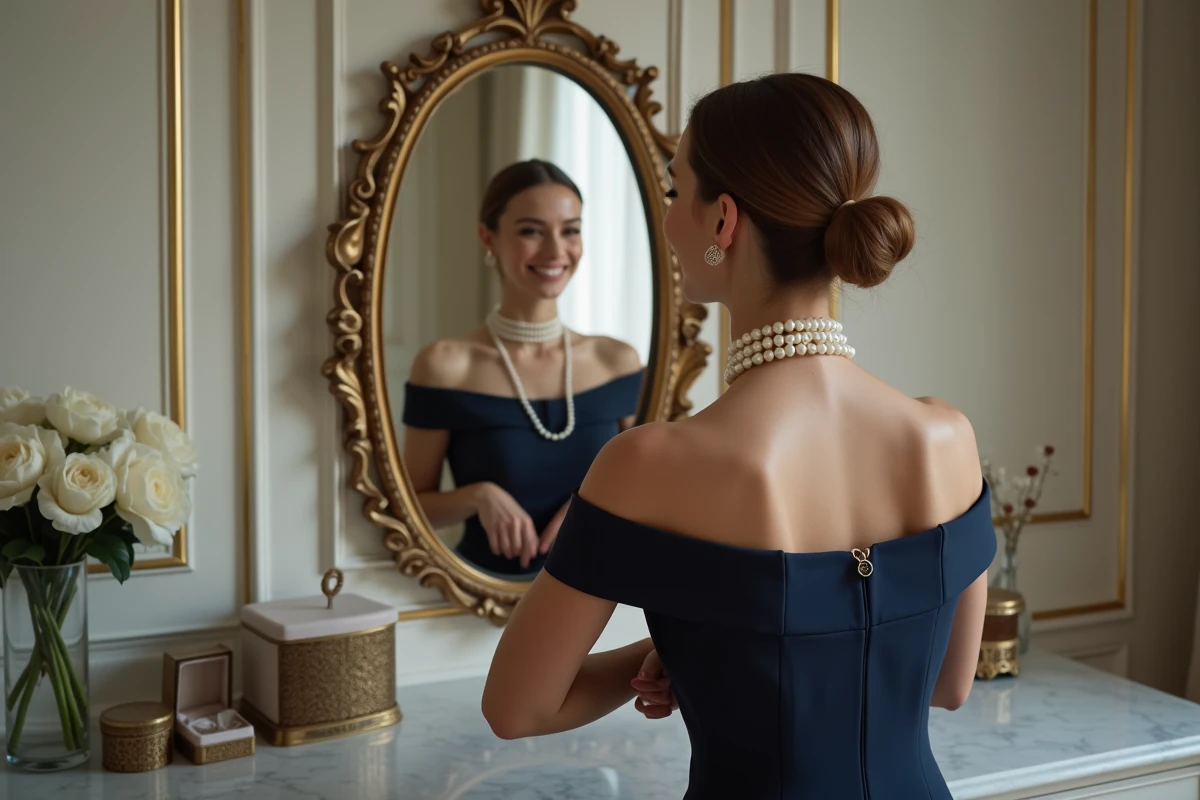 Femme élégante attachant un collier de perles blanches devant un miroir, cadeau idéal pour des fiançailles