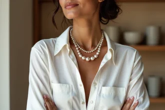 Femme portant un collier de perles de Tahiti noires à reflets verts et roses dans une boutique de joaillerie élégante