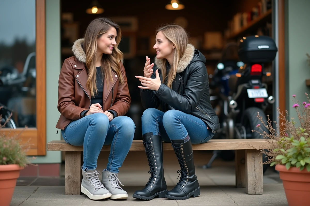 Deux femmes motardes comparant des baskets moto et des bottes de touring devant une concession moto à la campagne