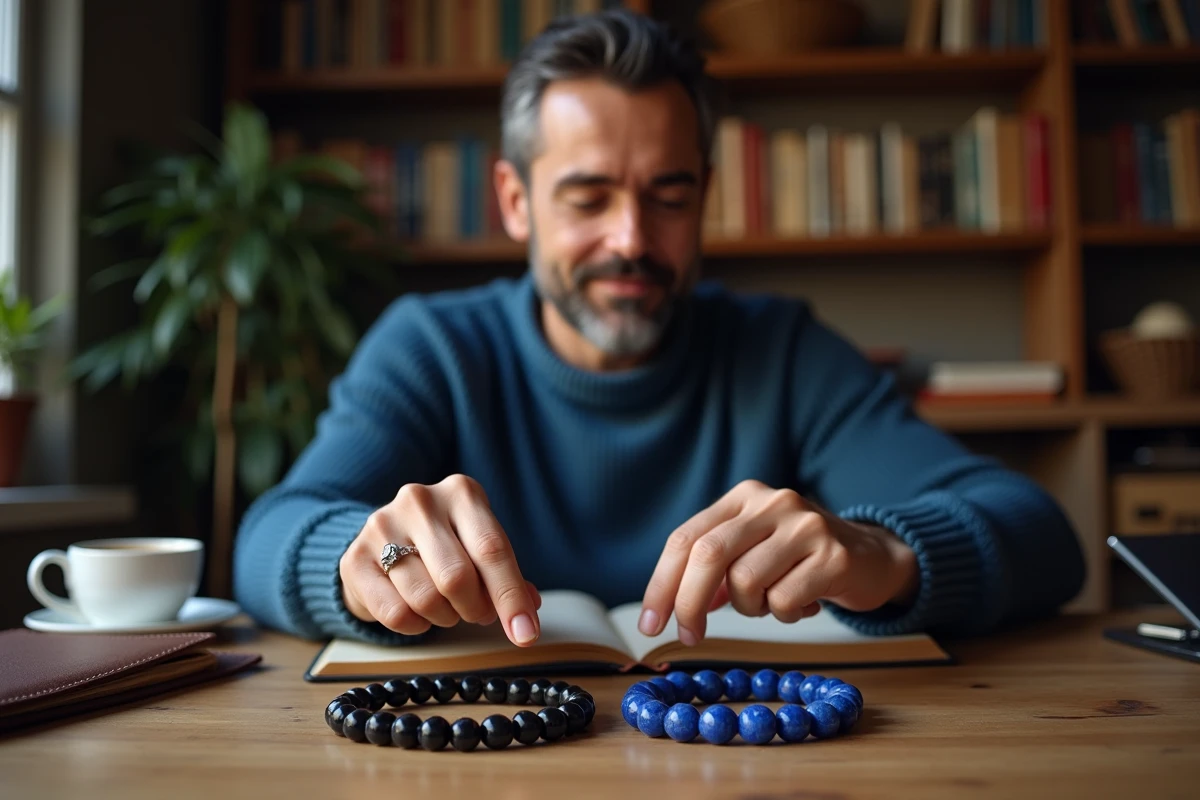 Homme comparant deux bracelets en pierres naturelles posés sur un bureau en bois avant achat