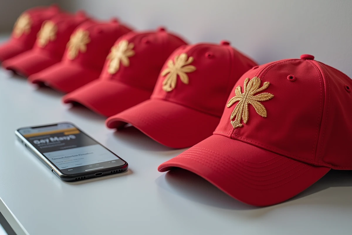Plusieurs casquettes rouges brodées disposées en flat lay avec un smartphone affichant une comparaison de prix pour acheter en ligne sans arnaque