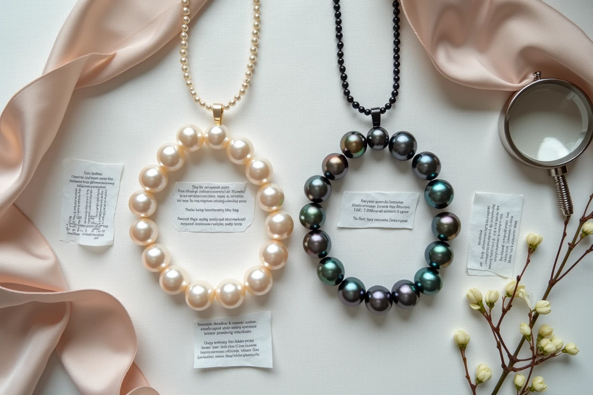 Comparaison côte à côte d'un collier de perles Akoya du Japon et d'un collier de perles de Tahiti sur fond de lin gris