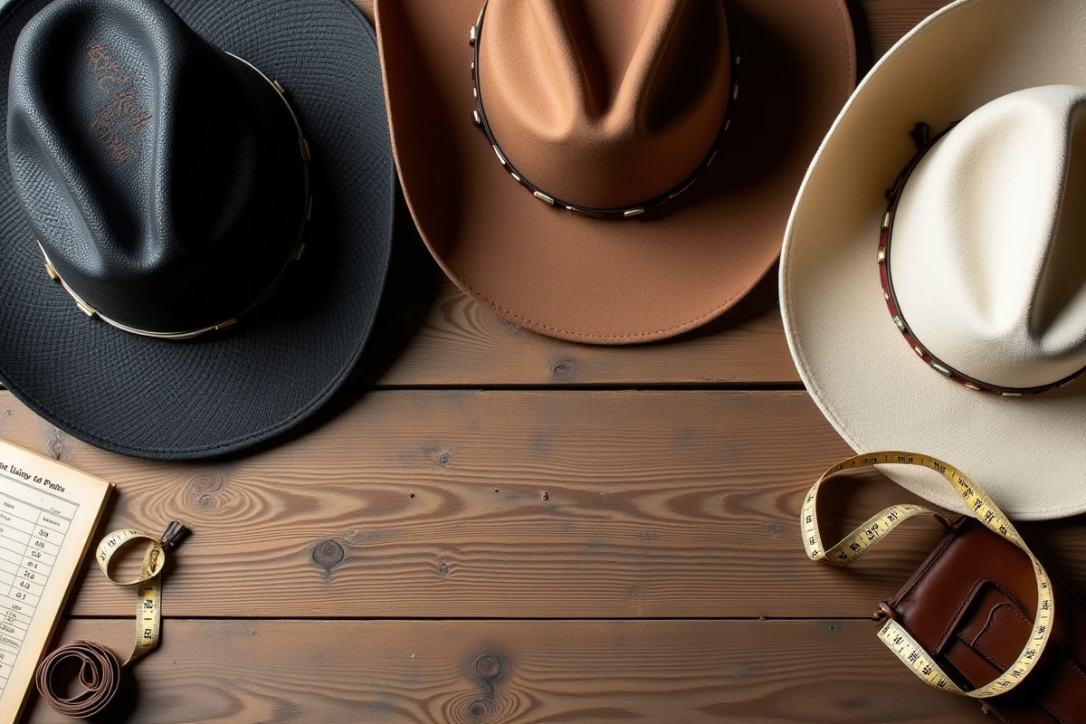 Vue de dessus de trois chapeaux western avec étiquettes de tailles et ruban à mesurer sur table en bois rustique