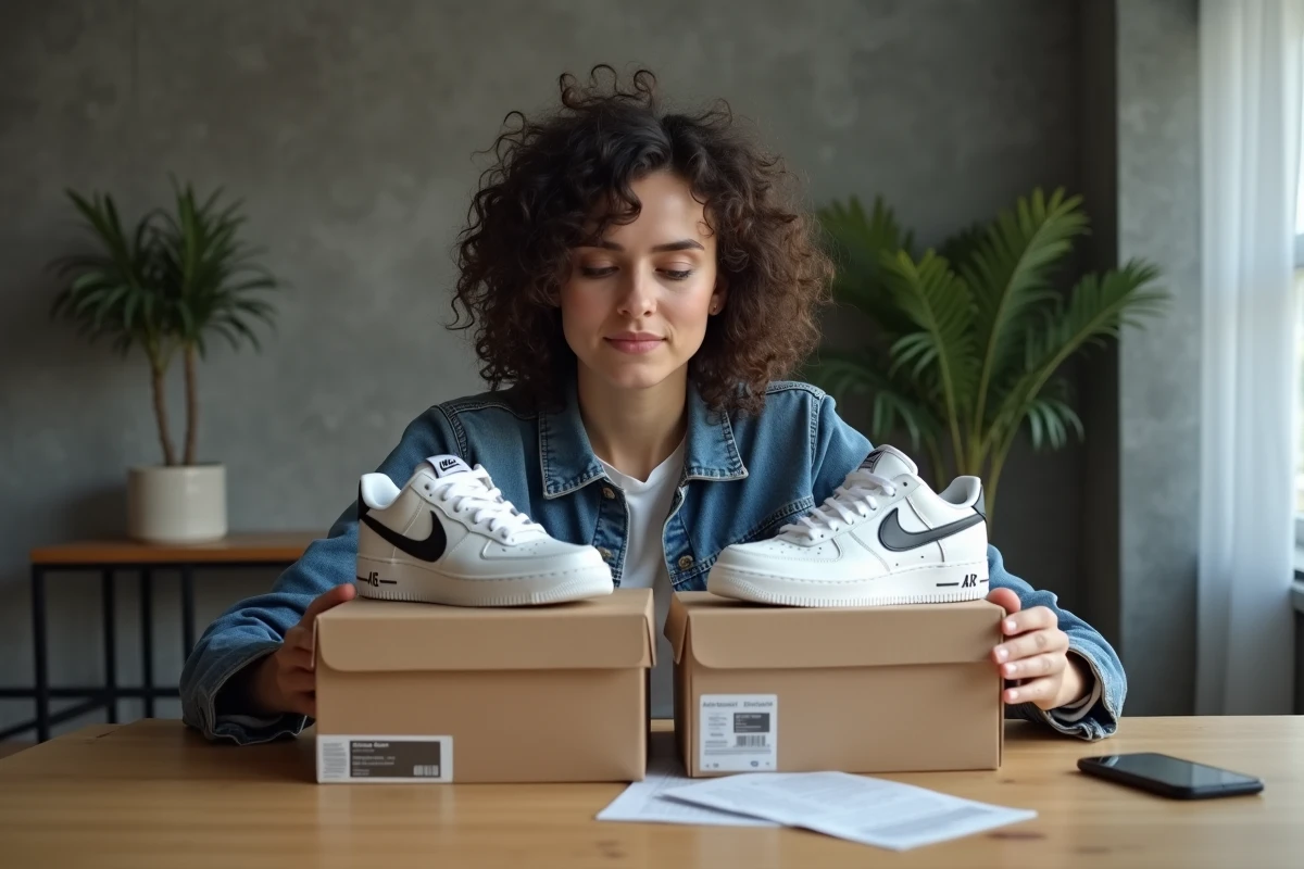 Femme comparant les codes UPC de deux boîtes de chaussures Nike pour détecter une éventuelle contrefaçon