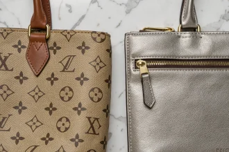 Comparatif côte à côte d'un sac Louis Vuitton authentique et d'une contrefaçon, détails des coutures et du monogramme visibles