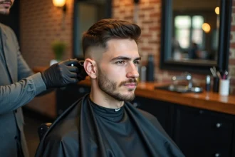 Jeune homme avec une coupe courte façon coupe casquette assis dans un fauteuil de barbier pendant la taille des contours