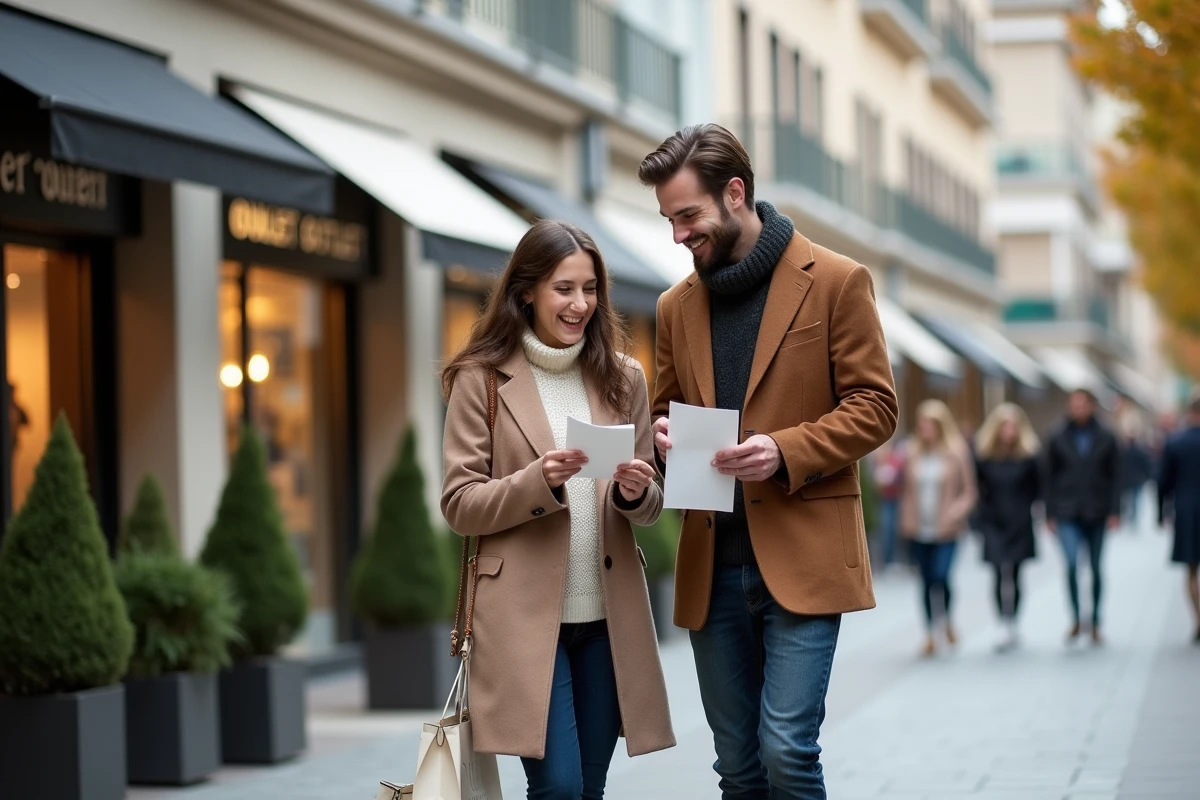 Jeune couple compare leurs re&ccedil;us devant des boutiques