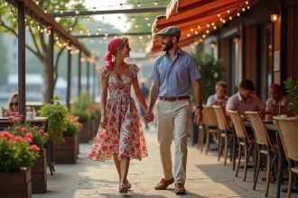 Couple assorti en tenue guinguette vintage au bord de l'eau, robe fleurie et marinière rayée, ambiance festive rétro