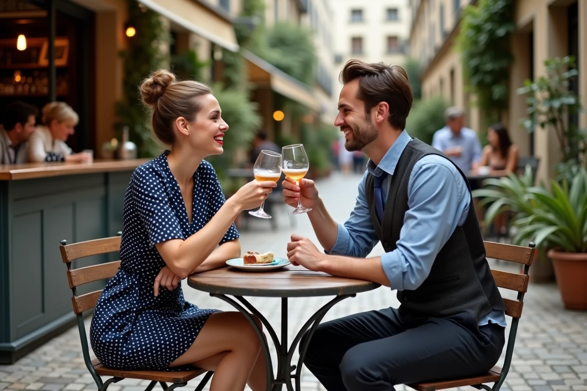 Couple en déguisements guinguette coordonnés trinquant à une terrasse bistro rétro, robe à pois et gilet vintage