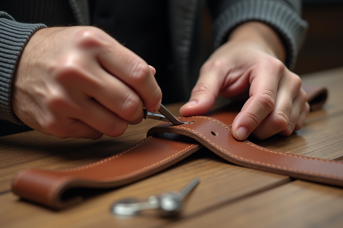 Main utilisant un outil pour percer un ceinture en cuir marron