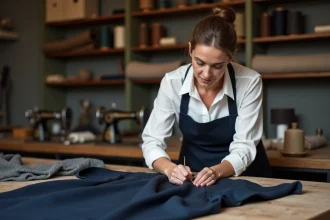 Couturière professionnelle réalisant un ourlet à la main sur une robe en laine dans un atelier de couture à Reims