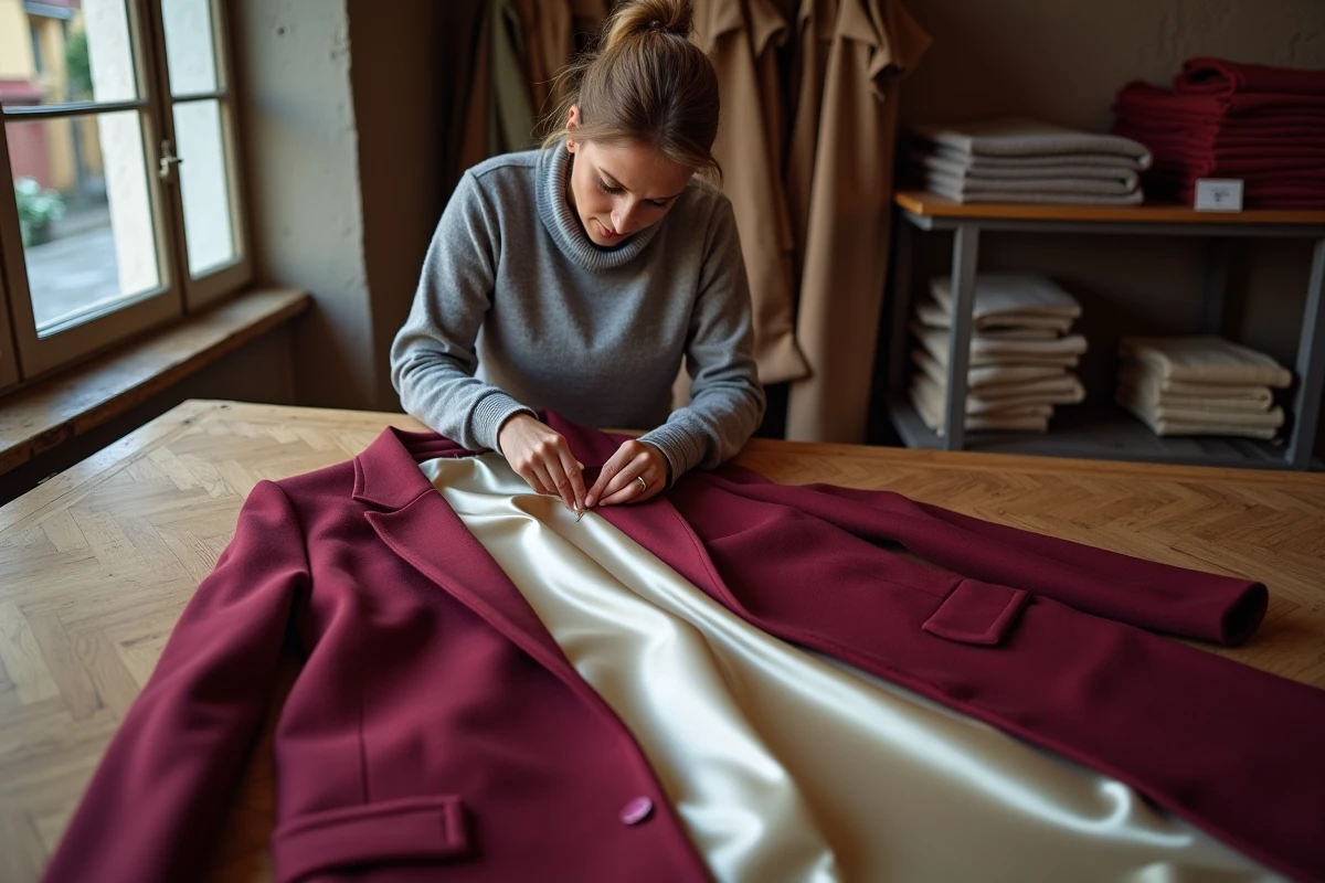 Couturière posant une doublure en soie à l'intérieur d'un manteau en laine bordeaux dans un atelier de couture traditionnel à Reims