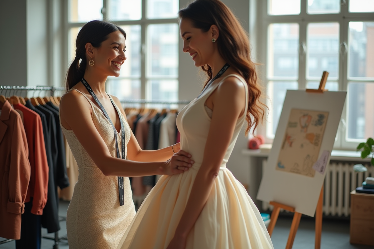 Couturiere ajustant une robe de couture sur un mannequin