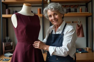 Couturière épinglant l'ourlet d'une robe en laine bordeaux sur un mannequin de couture dans un atelier artisanal