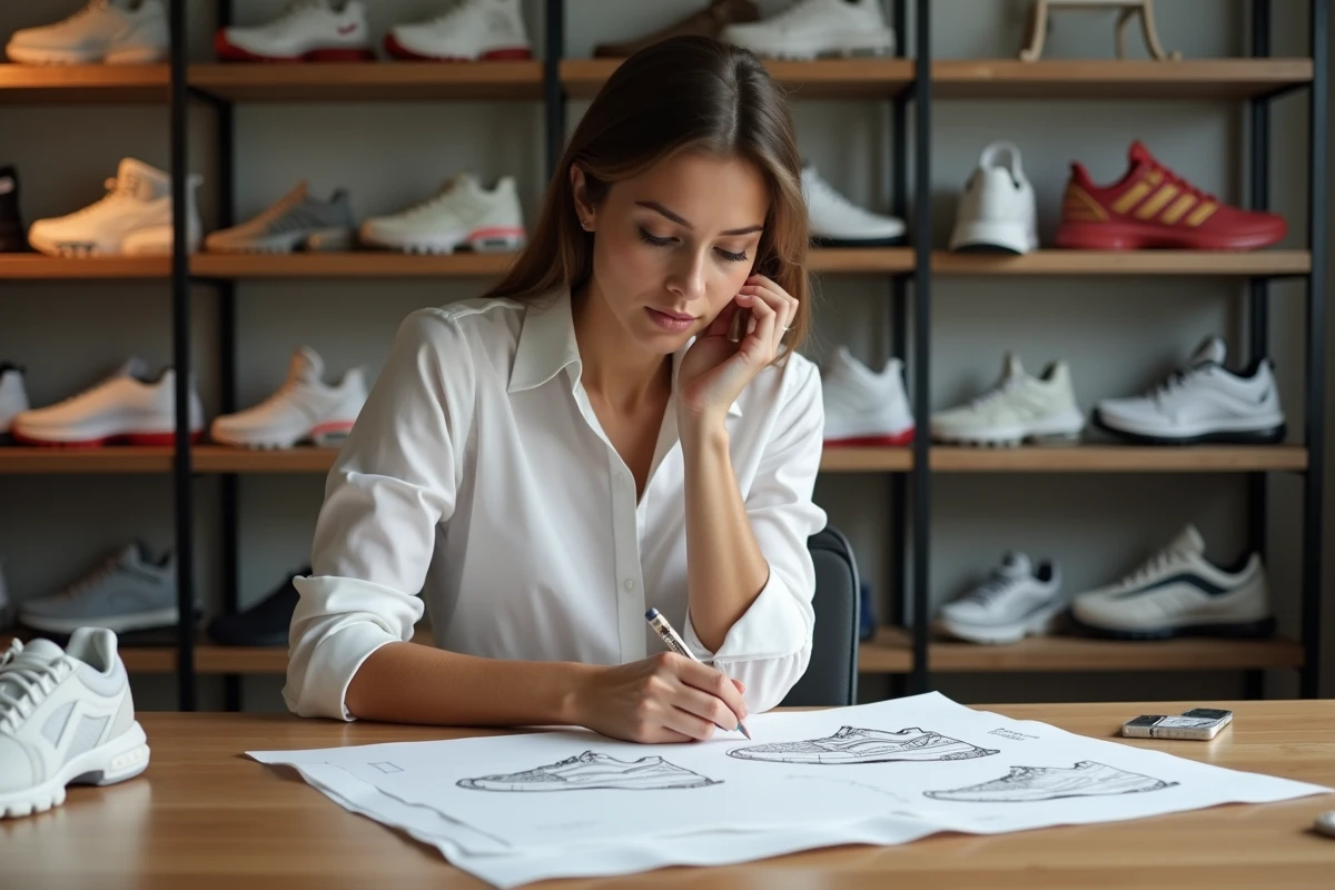 Femme designer de chaussures esquissant des sneakers en studio