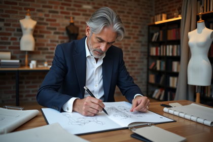 Designer homme en atelier avec croquis et tissus