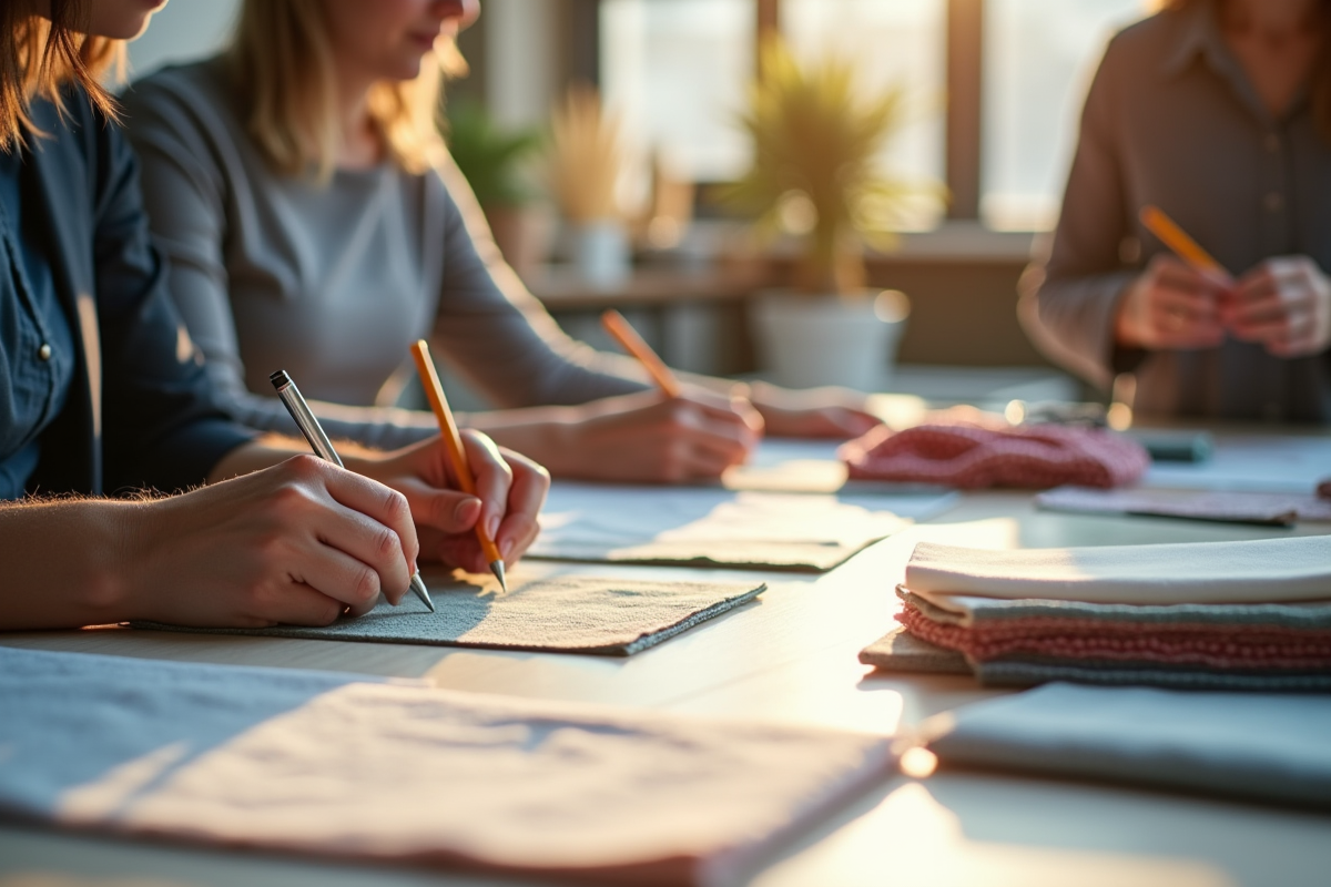 Dessinateurs textiles examinant tissus et croquis en studio