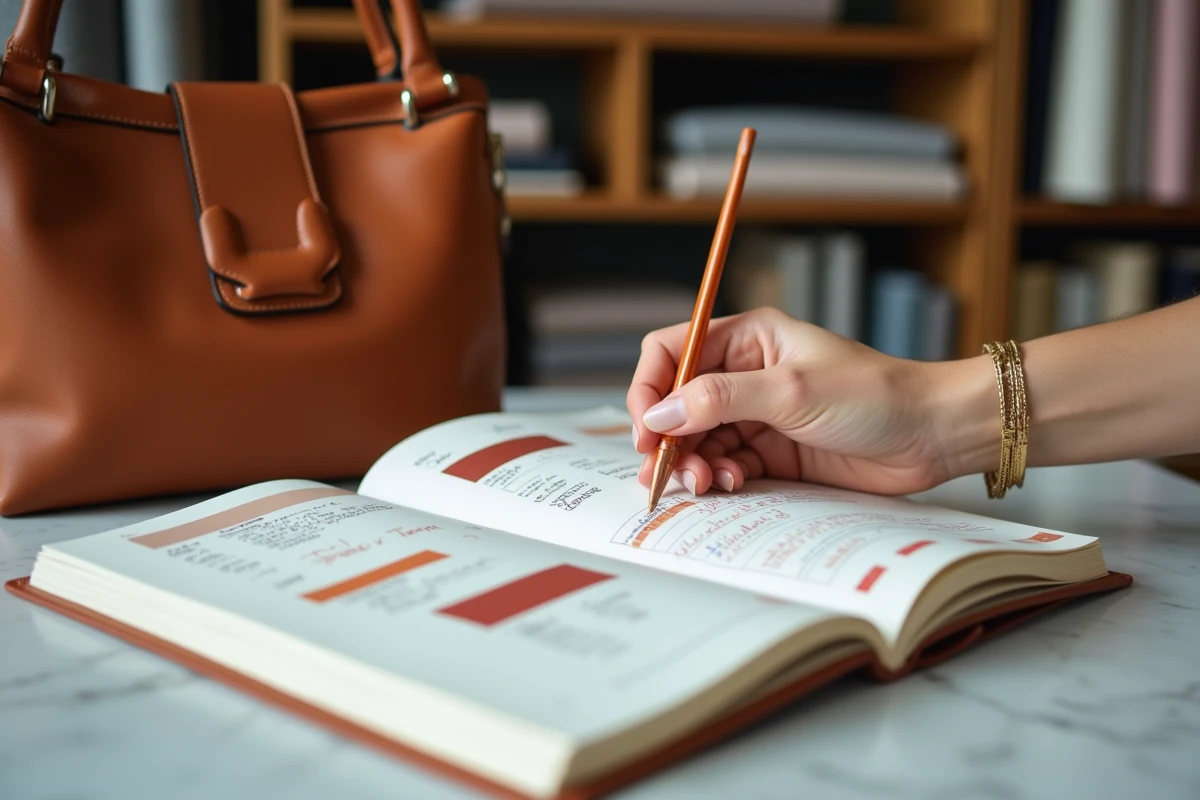 Détail d'un carnet de stratégie de marque LVMH avec sac en cuir de luxe sur marbre dans un atelier haut de gamme