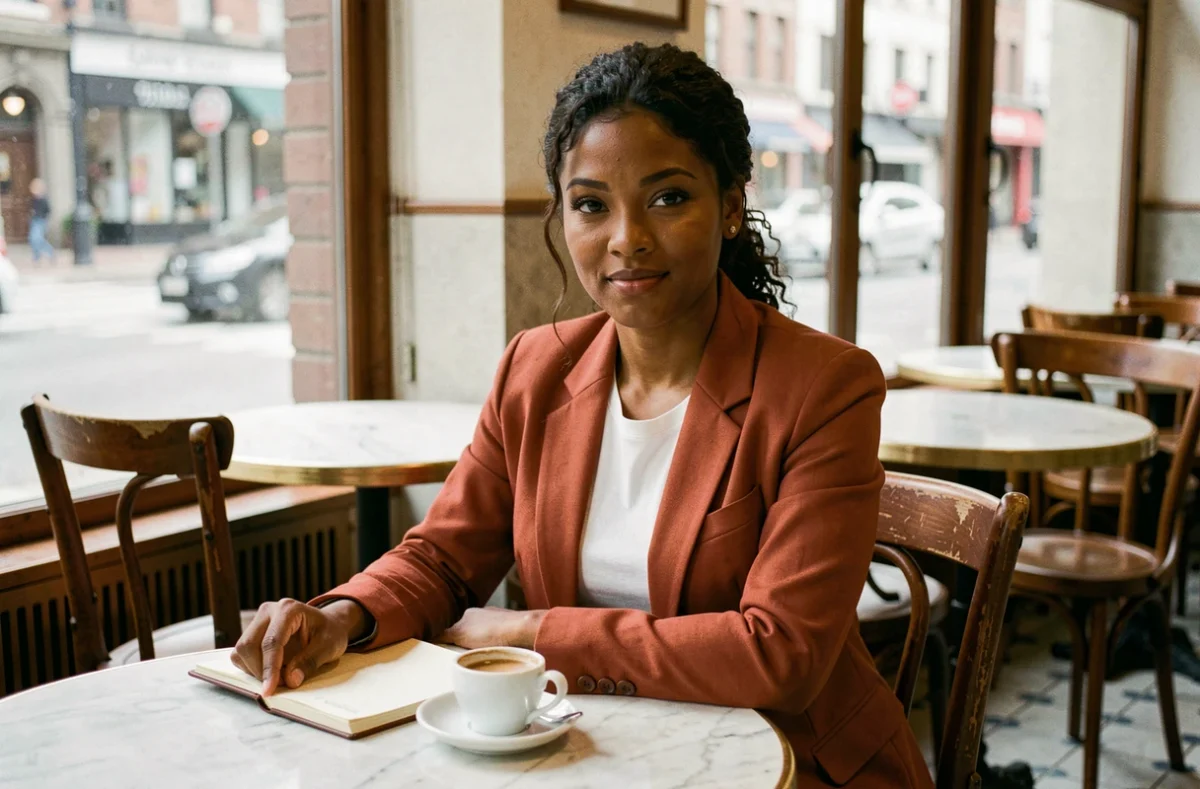 Femme confiante à la peau foncée et au blazer terracotta assise dans un café parisien, regardant l'objectif avec naturel et assurance