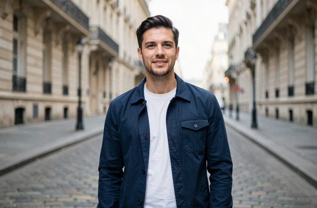 Homme photogénique en veste bleu marine posant naturellement dans une rue pavée parisienne avec des immeubles haussmanniens en arrière-plan flou