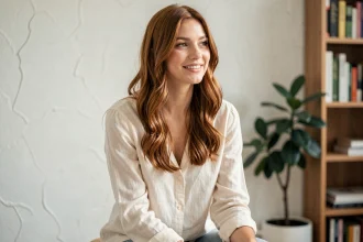 Jeune femme photogénique aux cheveux ondulés auburn, assise dans un appartement parisien minimaliste, souriant naturellement devant l'objectif