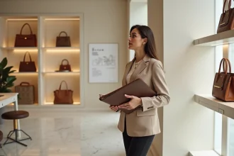 Directrice marketing LVMH analysant une stratégie de branding dans une boutique de luxe minimaliste
