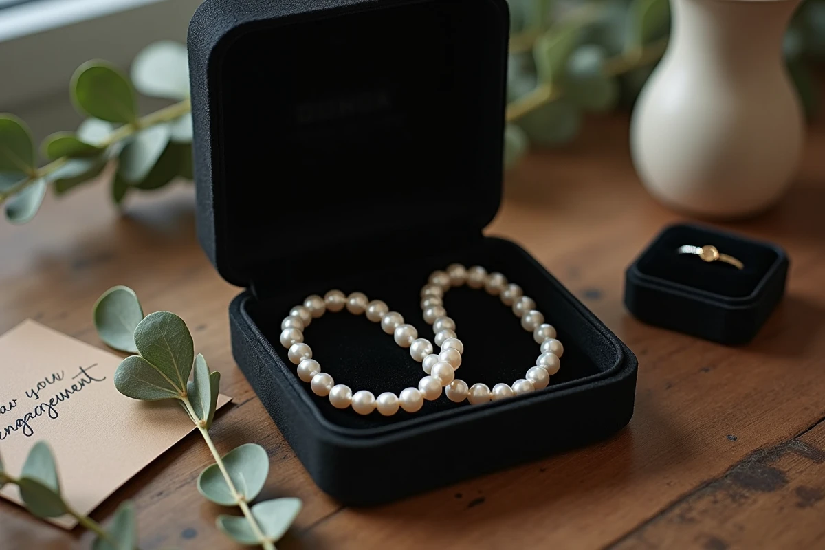 Collier de perles blanches dans un écrin de luxe présenté comme cadeau de fiançailles élégant