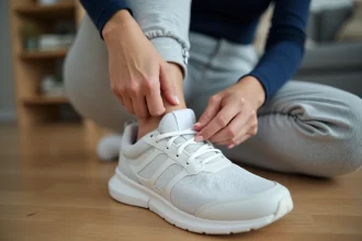 Femme étirant une chaussure de sport blanche avec un embauchoir pour l'élargir sans déformer la semelle