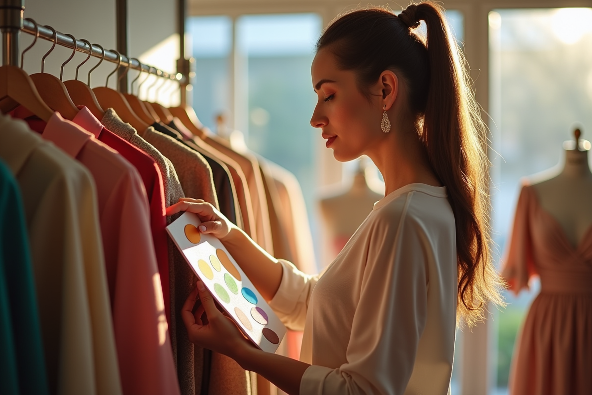 Femme élégante compare des échantillons de couleur dans une boutique