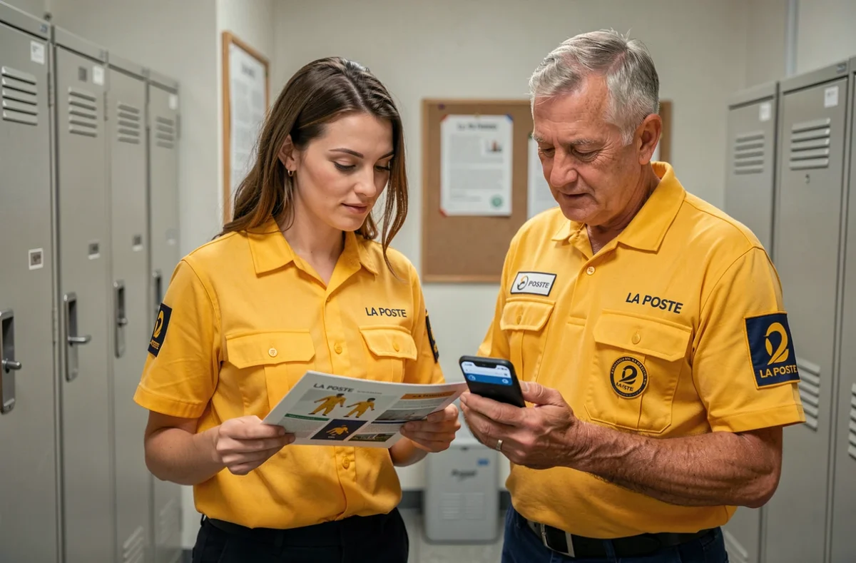 Deux employés La Poste en uniforme consultant ensemble le catalogue de tenues professionnelles sur smartphone dans une salle de vestiaires