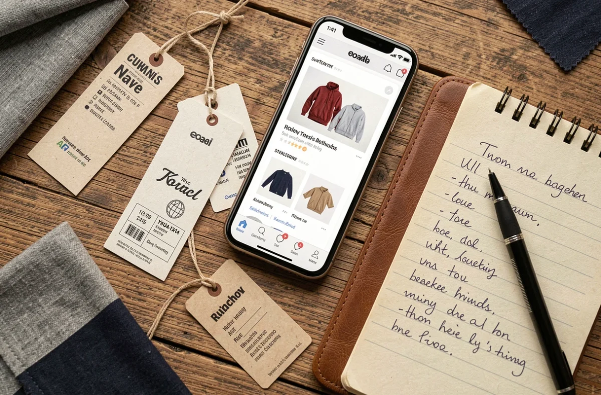 Vue aérienne d'étiquettes de vêtements, smartphone et notes manuscrites sur une table en bois, évoquant une enquête consommateur sur Sonstiges Clothing