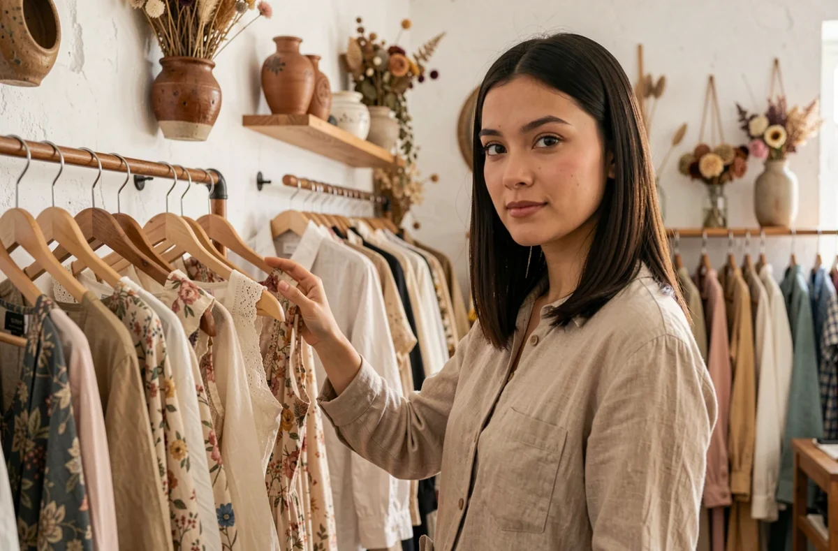 Boutique Epatha avec des vêtements vintage soigneusement sélectionnés sur des cintres en bois