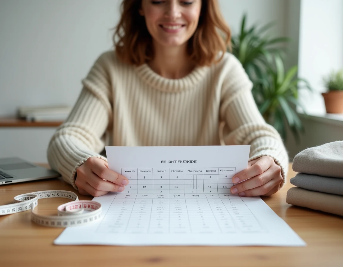 Femme consultant un tableau de correspondance des tailles internationales à son bureau avec un mètre ruban et des vêtements pliés, recherchant l'équivalence du tour de taille 42