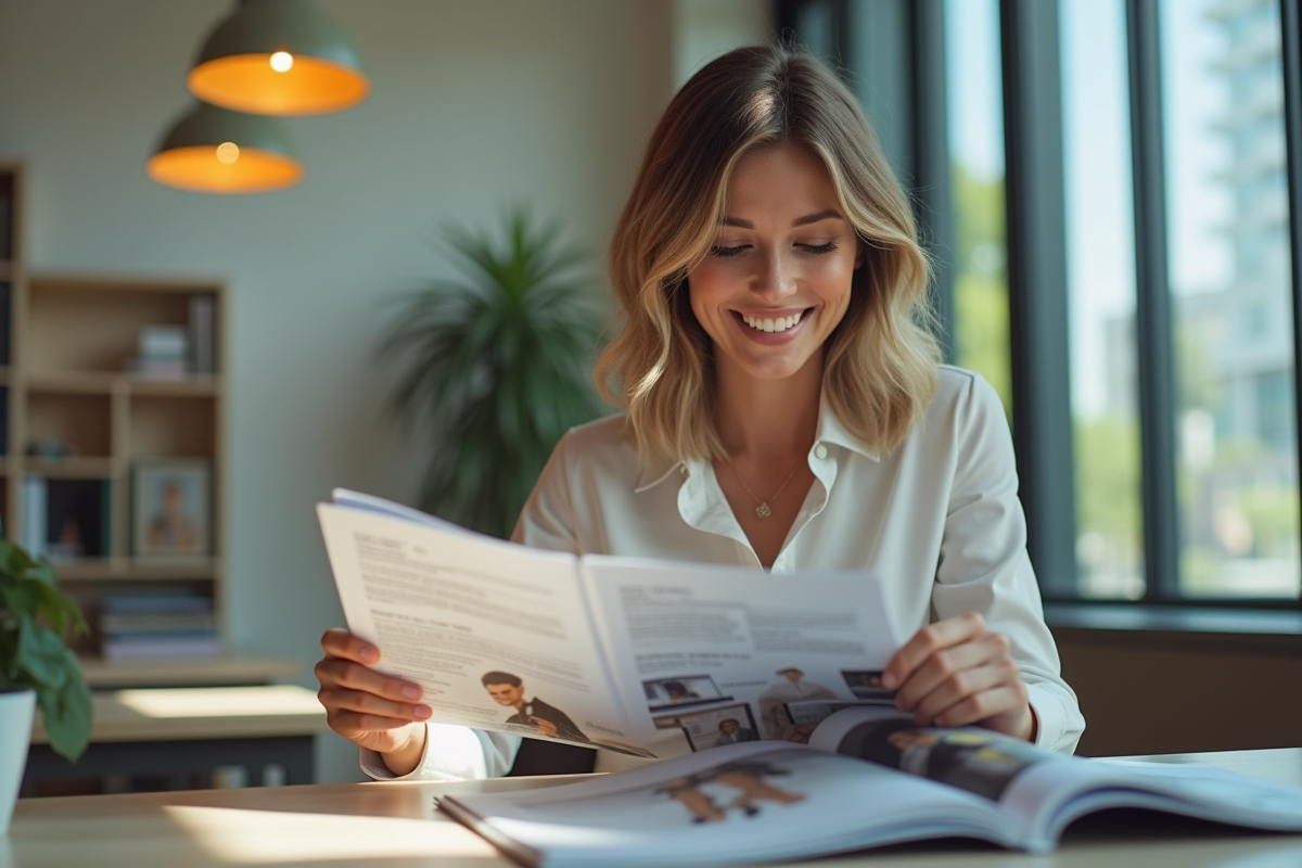 Cadre confiant dans un bureau moderne en pleine lecture de magazines de mode