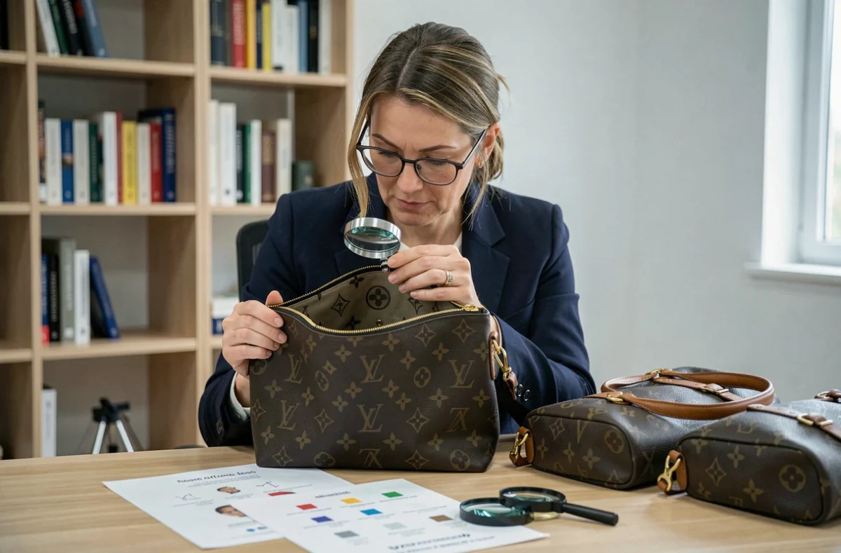 Experte en authentification examinant un sac de luxe monogramme à la loupe dans un bureau, processus de détection de contrefaçon