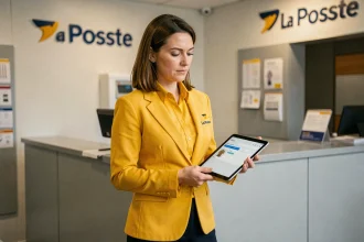 Factrice en uniforme La Poste jaune consultant une interface de commande de tenues sur une tablette dans un bureau de poste