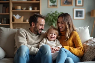 Famille souriante dans un salon chaleureux et cosy