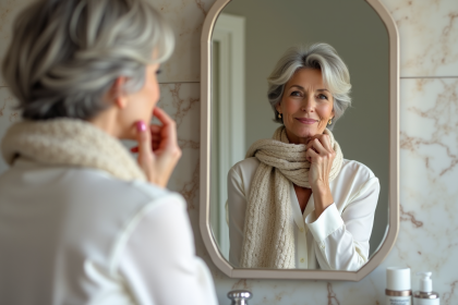 Femme élégante de 60 ans appliquant du rouge à lèvres dans la salle de bain