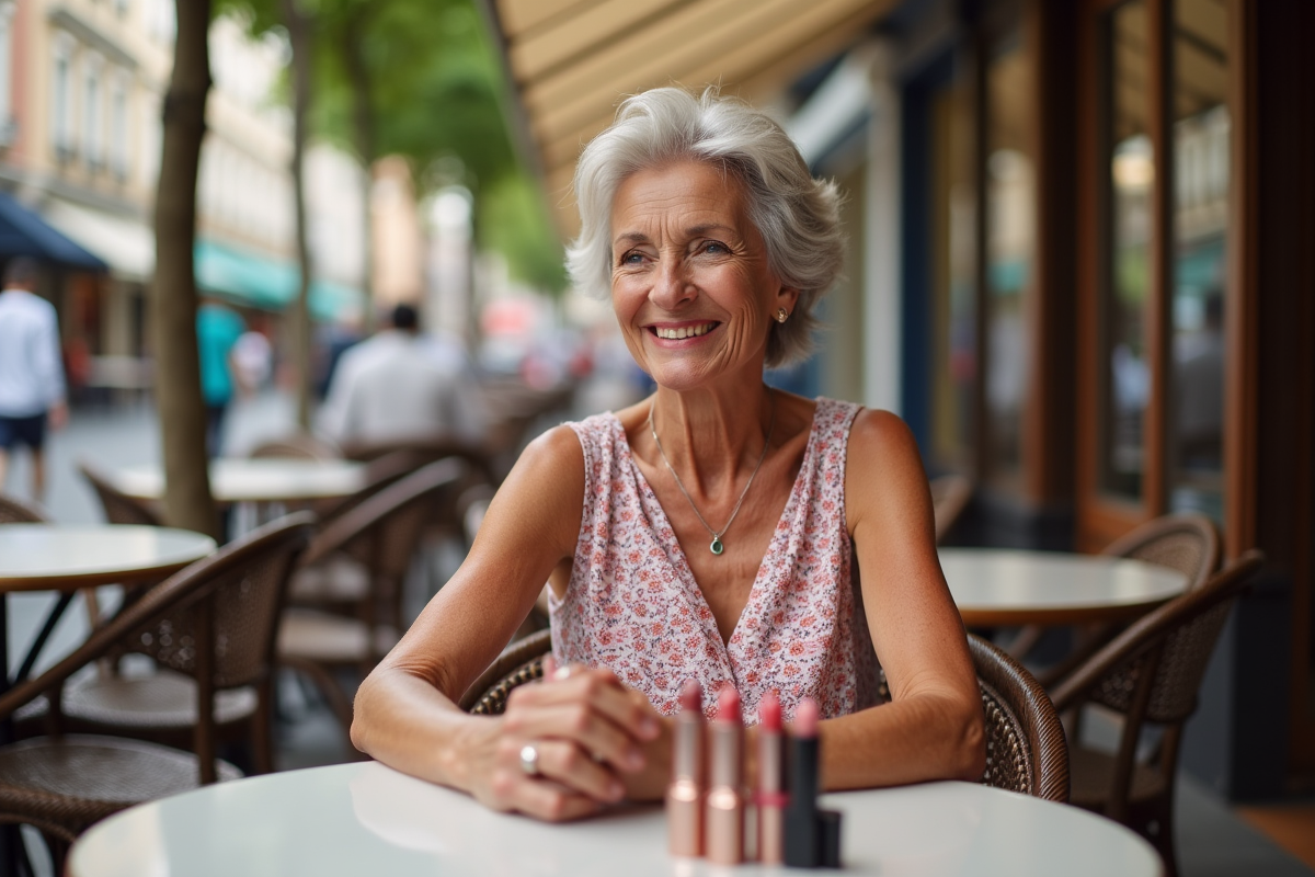 Femme souriante de 70 ans admirant des rouges à lèvres en extérieur
