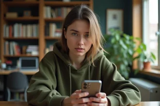 Jeune femme sceptique analysant des rumeurs et des informations non vérifiées sur son smartphone à son bureau