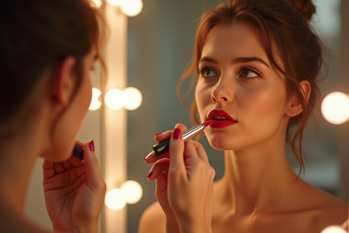 Femme appliquant délicatement rouge à lèvres rouge naturel