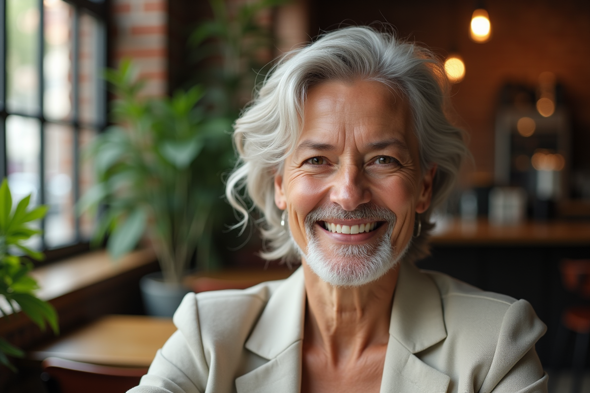 Femme mature avec barbe en cafe urbain ensoleille