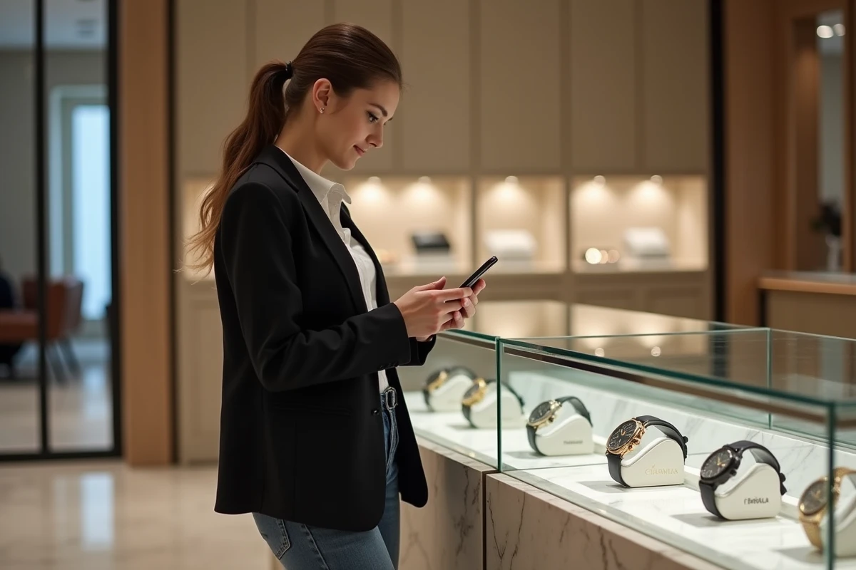 Femme regardant une montre dans une boutique élégante