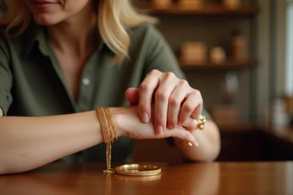 Femme examinant des bracelets en or dans une bijouterie pour choisir la meilleure offre