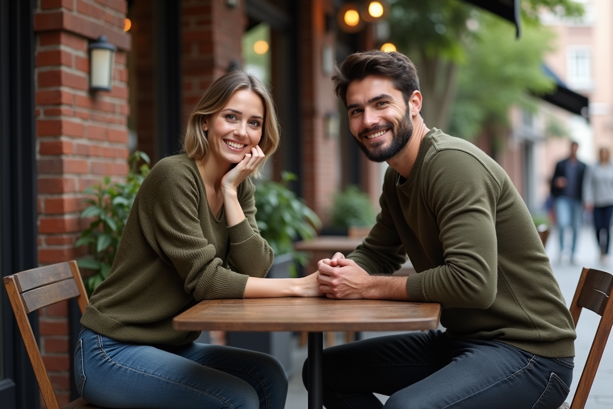 Femme souriante touchant la barbe de son ami au café
