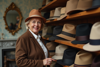 Femme souriante portant un chapeau chic dans une boutique parisienne