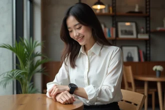 Jeune femme élégante ajustant sa montre dans un cafe urbain