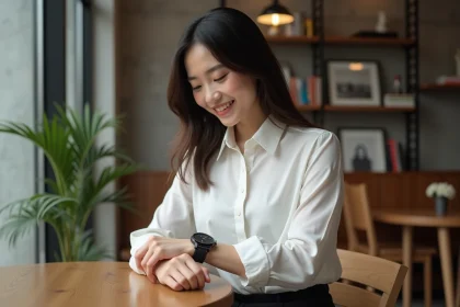 Jeune femme &eacute;l&eacute;gante ajustant sa montre dans un cafe urbain