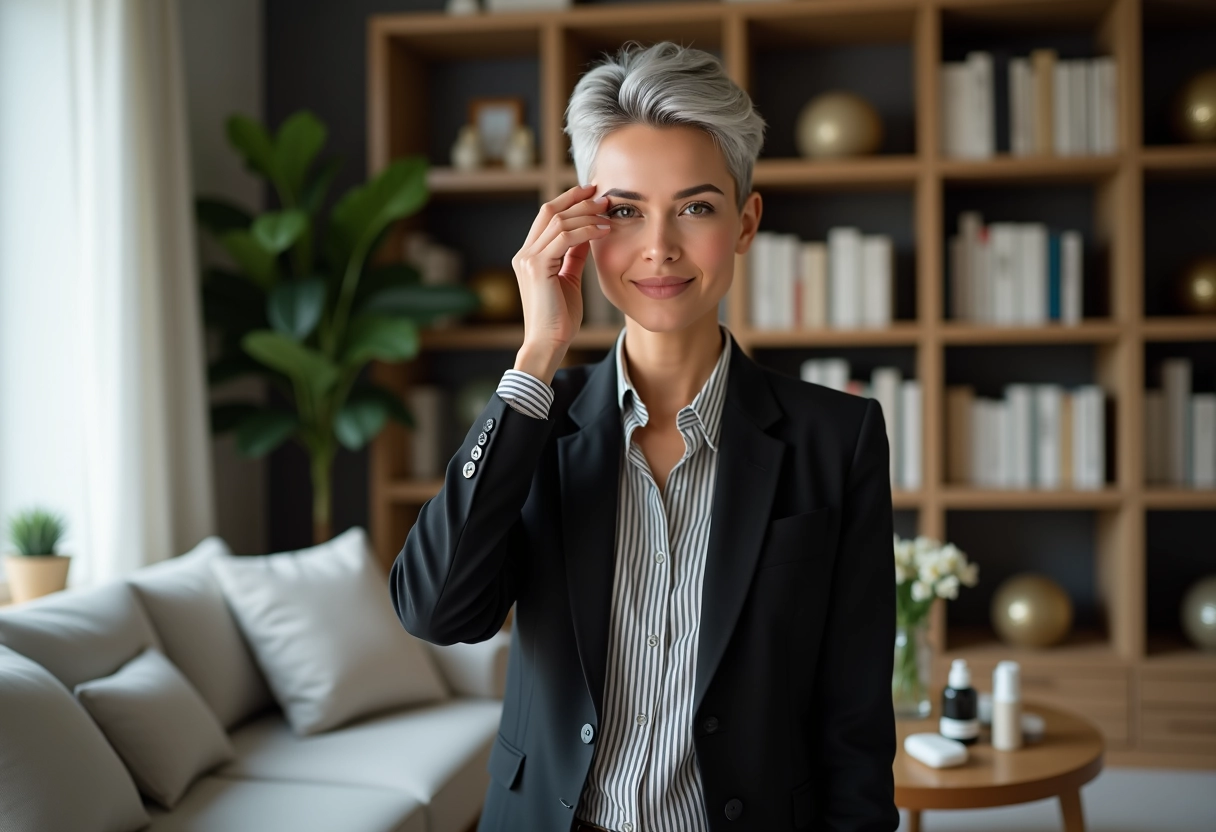 Femme en salon à la maison se coiffant avec style et élégance