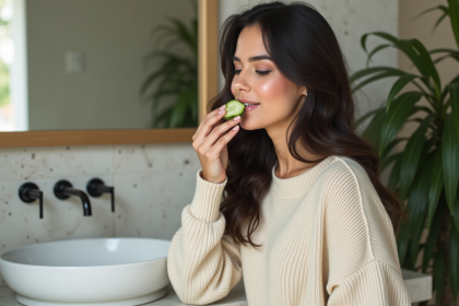 Femme en intérieur pressant un concombre sur ses lèvres